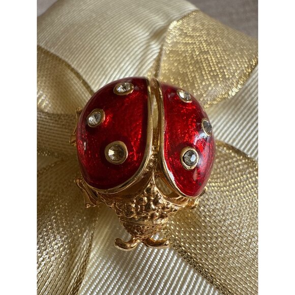 Vintage New View Gold-Tone & Red Enamel Ladybug Brooch With Rhinestone Accents - Picture 5 of 12